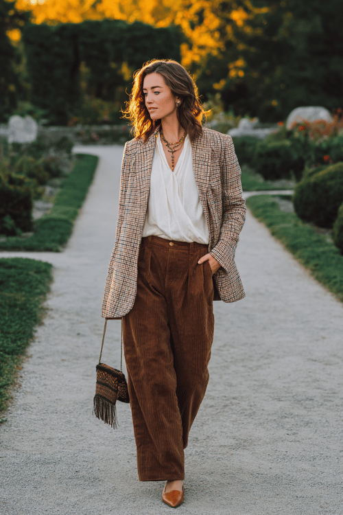 a woman wearing a soft plaid oversized blazer in rust and cream tones over a flowy white boho blouse, relaxed wide-leg brown corduroy pants, simple pointed-toe flats in tan leather