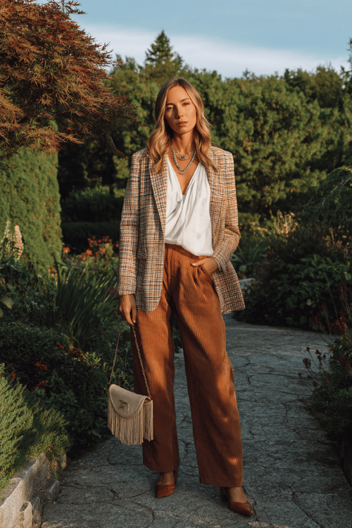 a woman wearing a soft plaid oversized blazer in rust and cream tones over a flowy white boho blouse, relaxed wide-leg brown corduroy pants, simple pointed-toe flats in tan leather