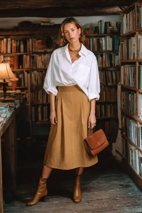 an elegant woman dressed in a classic oversized white linen button-down shirt tucked loosely into a high-waisted A-line midi skirt in rich camel wool
