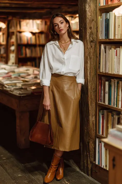 an elegant woman dressed in a classic oversized white linen button-down shirt tucked loosely into a high-waisted A-line midi skirt in rich camel wool, paired with tan leather ankle boots