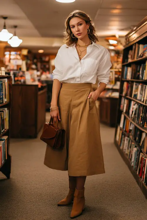 an elegant woman dressed in a classic oversized white linen button-down shirt tucked loosely into a high-waisted A-line midi skirt in rich camel wool
