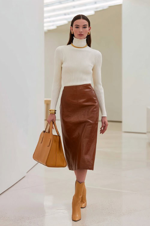 an elegant woman in a classic high-waisted slim straight midi skirt in rich caramel brown leather paired with a fitted soft cream ribbed knit turtleneck tucked in 