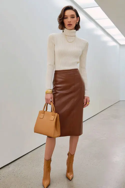 an elegant woman in a classic high-waisted slim straight midi skirt in rich caramel brown leather paired with a fitted soft cream ribbed knit turtleneck tucked in