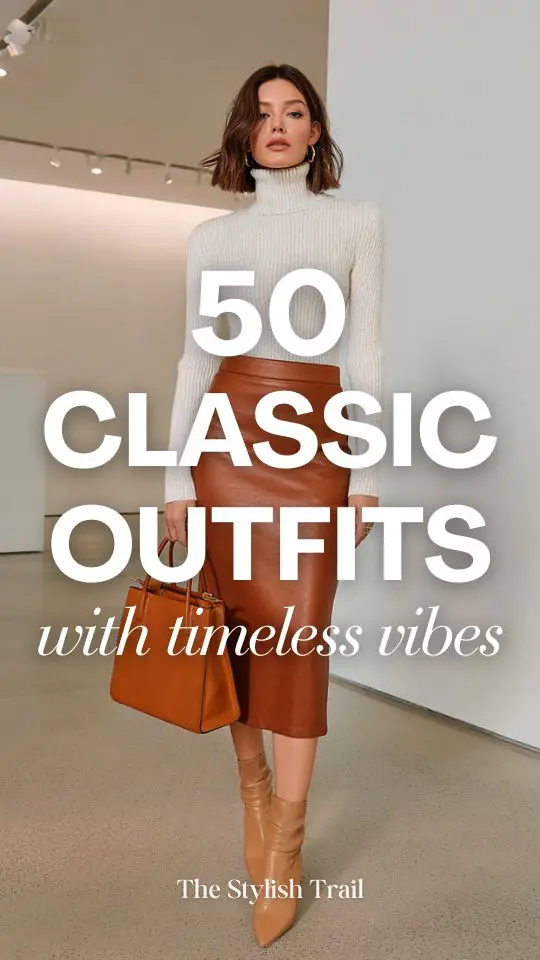 an elegant woman in a classic outfit with a high-waisted slim straight midi skirt in rich caramel brown leather paired with a fitted soft cream ribbed knit turtleneck tucked in