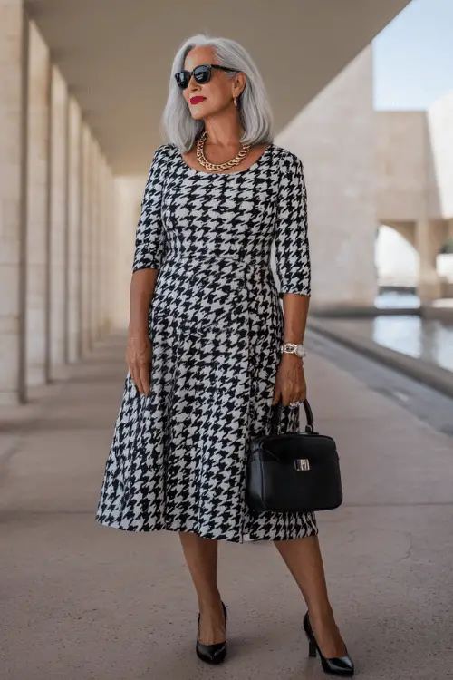 chic plus-size woman over 50 wearing a classic three-quarter sleeve fit-and-flare midi dress in a timeless black and white houndstooth pattern