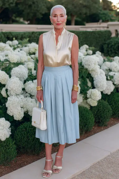 chic woman over 50 wearing a timeless sleeveless silk blouse in soft champagne tone tucked into a high-waisted pleated midi skirt in light sky blue linen