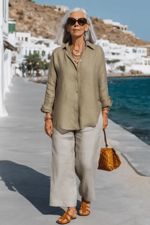 chic woman over 60 wearing a classic relaxed linen co-ord set in warm dusty sage green a long-sleeve button-down shirt and wide-leg comfortable trousers
