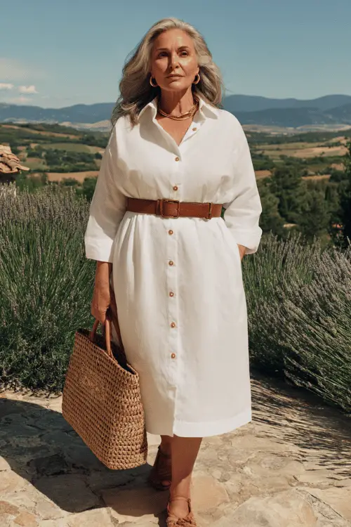 confident plus-size woman over 50 wearing a classic long-sleeve belted shirt dress in crisp white cotton with gold button detailing down the front and a cinched waist belt