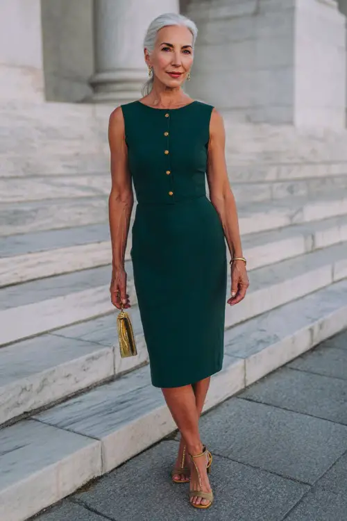 elegant woman over 50 wearing a classic tailored sleeveless sheath dress in rich emerald green wool crepe with a modest knee-length hemline and subtle gold button detailing at the neckline