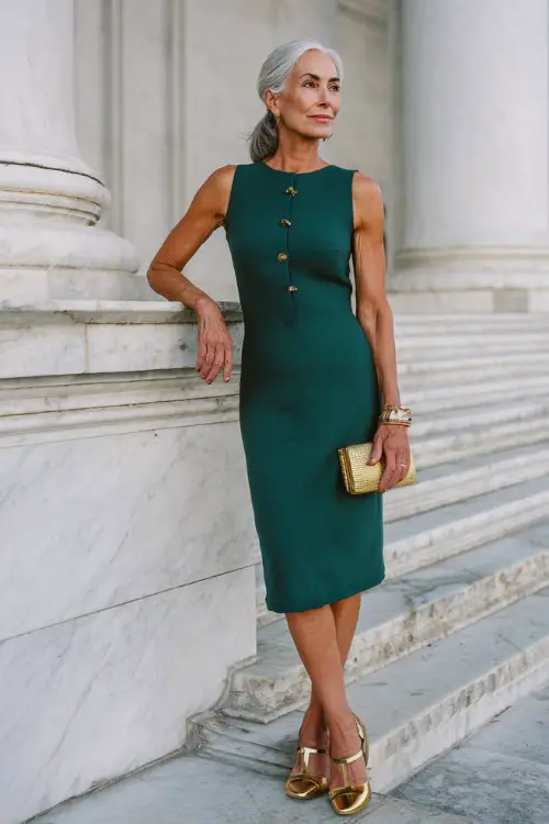 elegant woman over 50 wearing a classic tailored sleeveless sheath dress in rich emerald green wool crepe with a modest knee-length hemline and subtle gold button detailing at the neckline,