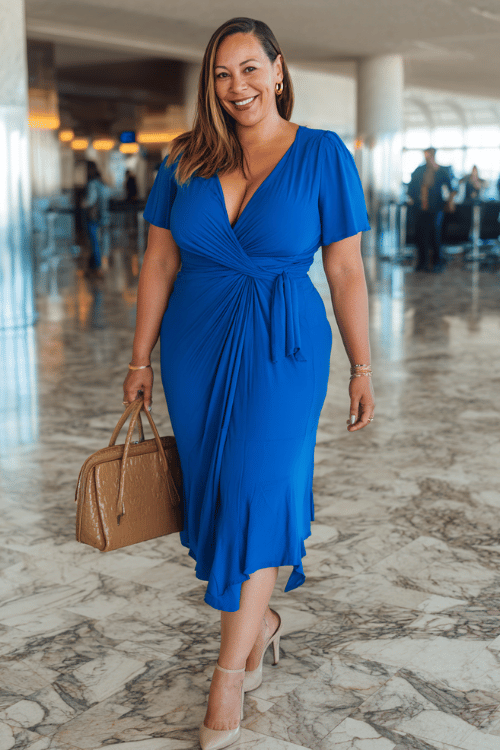 Plus-size woman dressed in a vibrant cobalt blue wrap dress with a flattering V-neckline and flowy midi length, paired with nuetral block heel pumps and a structured leather handbag