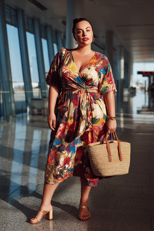 plus-size woman dressed in a flowy wrap midi dress in bold floral print with deep jewel tones, paired with block heel sandals and a woven rattan tote bag