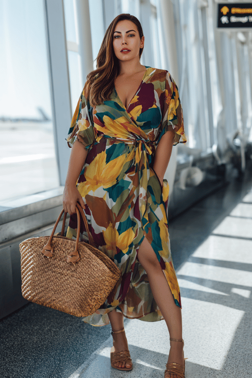plus-size woman dressed in a flowy wrap midi dress in bold floral print with deep jewel tones, paired with block heel sandals and a woven rattan tote bag