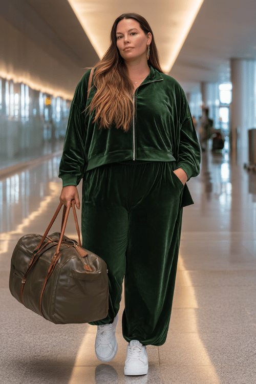 plus-size woman dressed in a rich forest green velvet tracksuit a relaxed zip-up top and wide-leg pants with white platform sneakers and a spacious leather weekender bag 