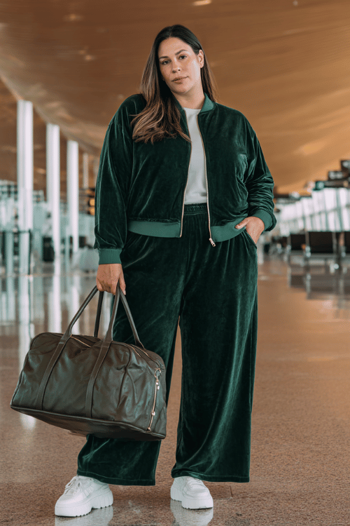 plus-size woman dressed in a rich forest green velvet tracksuit a relaxed zip-up top and wide-leg pants with white platform sneakers and a spacious leather weekender bag