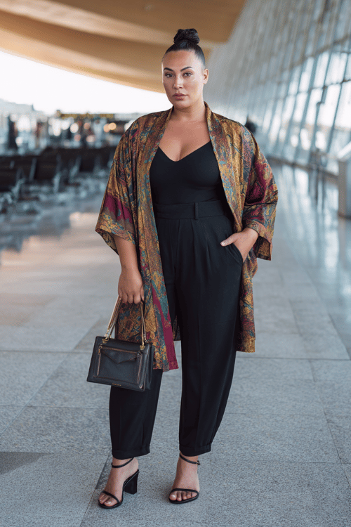 plus-size woman in a elegant printed kimono-style jacket in rich jewel tones over a fitted black jumpsuit, with strappy heeled sandals and a sleek leather crossbody bag 