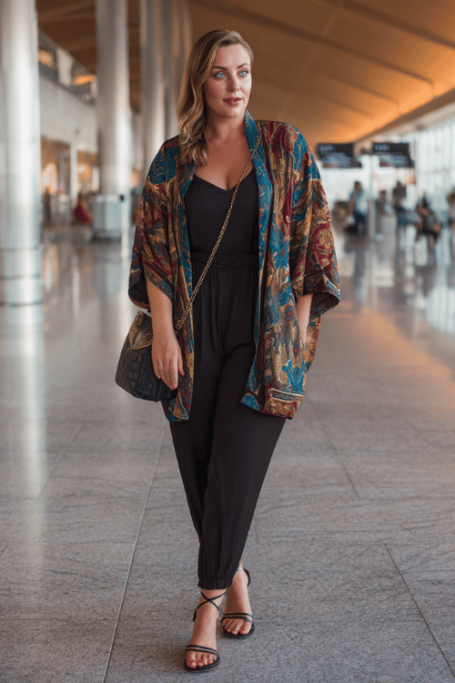 plus-size woman in a elegant printed kimono-style jacket in rich jewel tones over a fitted black jumpsuit, with strappy heeled sandals and a sleek leather crossbody bag