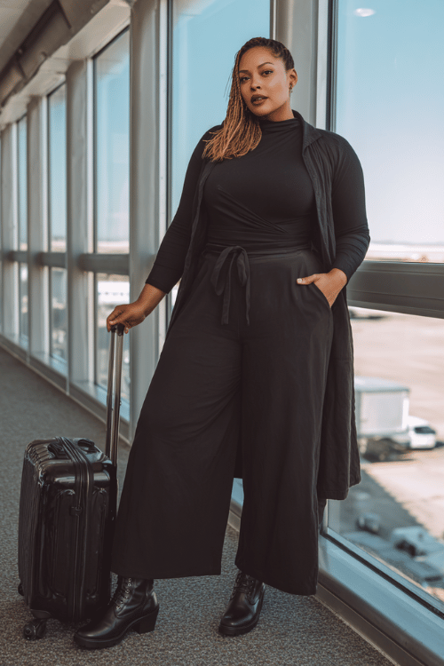 plus-size woman in a sleek all-black outfit a fitted long-sleeve wrap top and high-waist tailored wide-leg pants with leather Chelsea boots, a longline black duster coat 