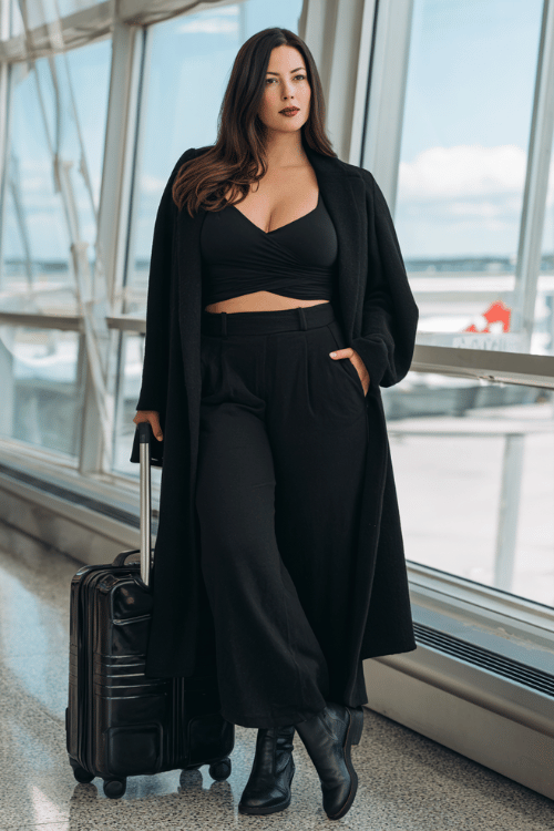 plus-size woman in a sleek all-black outfit a fitted long-sleeve wrap top and high-waist tailored wide-leg pants with leather Chelsea boots, a longline black duster coat