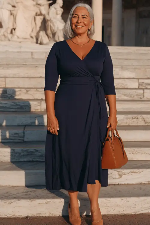 plus-size woman in her 50s wearing a classic wrap midi dress in deep navy blue with a flattering V-neckline, three-quarter sleeves, and a gracefully flowing skirt