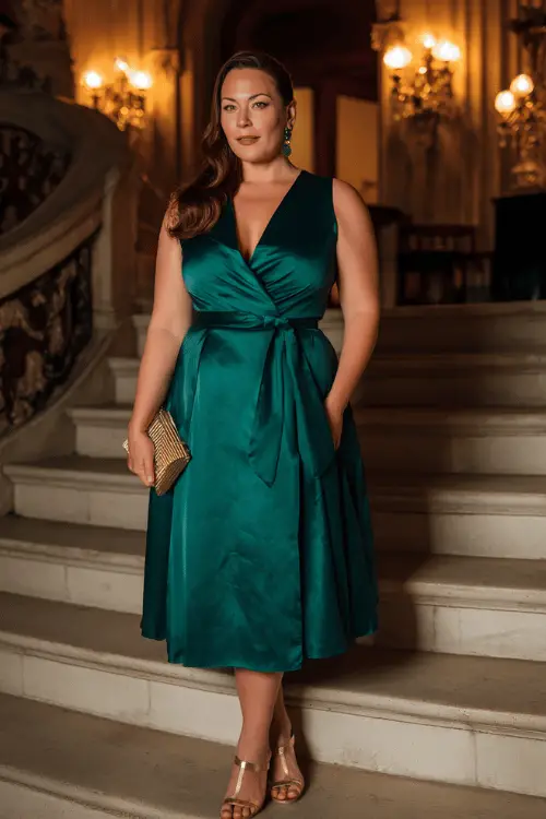 plus-size woman in her mid-40s wearing a classic sleeveless wrap midi dress in rich deep emerald green silk with a gracefully flowing skirt