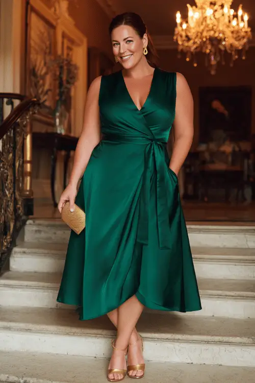 plus-size woman in her mid-40s wearing a classic sleeveless wrap midi dress in rich deep emerald green silk with a gracefully flowing skirt