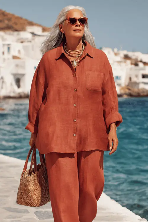 plus-size woman in her mid-50s dressed in a classic relaxed linen co-ord set in warm terracotta a long-sleeve button-down shirt and wide-leg trousers