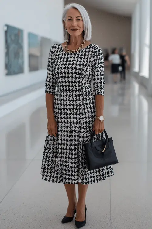 plus-size woman over 50 wearing a classic three-quarter sleeve fit-and-flare midi dress in a timeless black and white houndstooth pattern with a flattering nipped waist