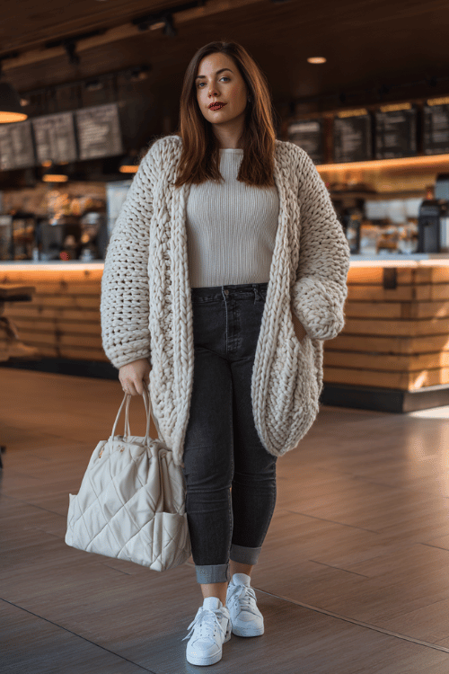 plus-size woman wearing a cozy oversized chunky knit cardigan in soft cream over a fitted ribbed turtleneck and straight-leg dark wash jeans, with white leather sneakers 