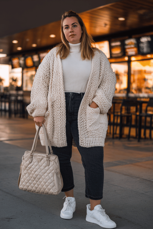 plus-size woman wearing a cozy oversized chunky knit cardigan in soft cream over a fitted ribbed turtleneck and straight-leg dark wash jeans, with white leather sneakers
