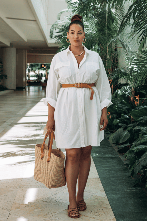 plus-size woman wearing a crisp white oversized button-down shirt dress belted at the waist with a tan leather belt, paired with flat leather sandals