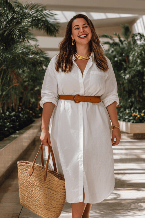 plus-size woman wearing a crisp white oversized button-down shirt dress belted at the waist with a tan leather belt, paired with flat leather sandals