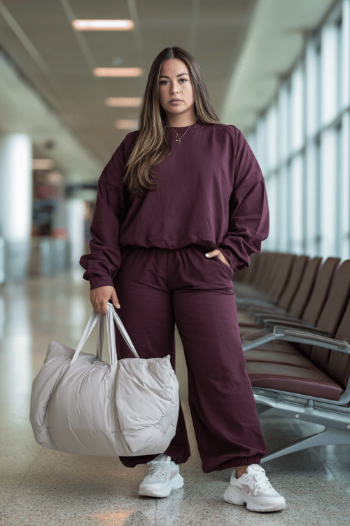 plus-size woman wearing a matching jogger set in deep burgundy a relaxed zip-up sweatshirt and wide-leg jogger pants with cushioned white sneakers and a large puffer tote bag