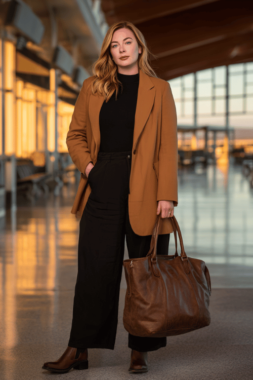 plus-size woman wearing a tailored longline blazer in classic camel over a fitted black turtleneck and wide-leg trousers, paired with leather ankle boots and a structured leather tote bag 