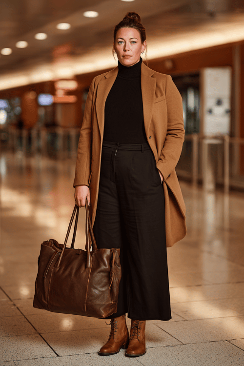 plus-size woman wearing a tailored longline blazer in classic camel over a fitted black turtleneck and wide-leg trousers, paired with leather ankle boots and a structured leather tote bag