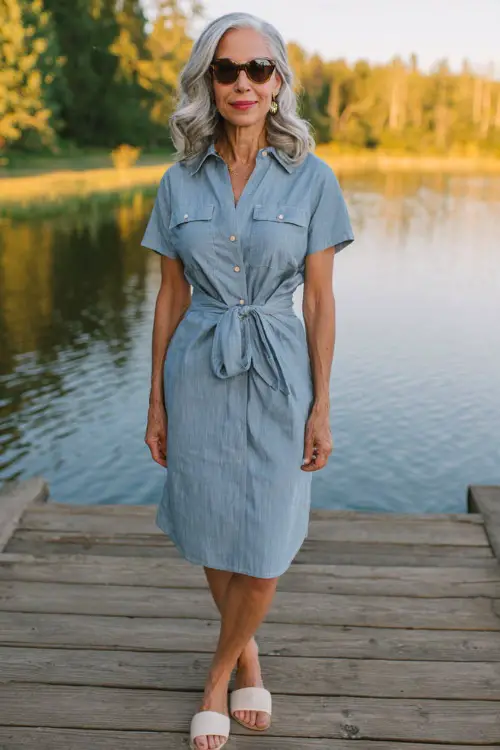stylish woman over 50 wearing a classic short-sleeve chambray shirt dress in soft light blue with a relaxed fit, a modest knee-length hemline, and a casual self-tie fabric belt