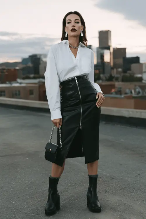 tylish woman in her mid-40s wearing a classic white crisp button-down shirt tucked into a high-waisted black leather midi skirt with a bold front zip detail