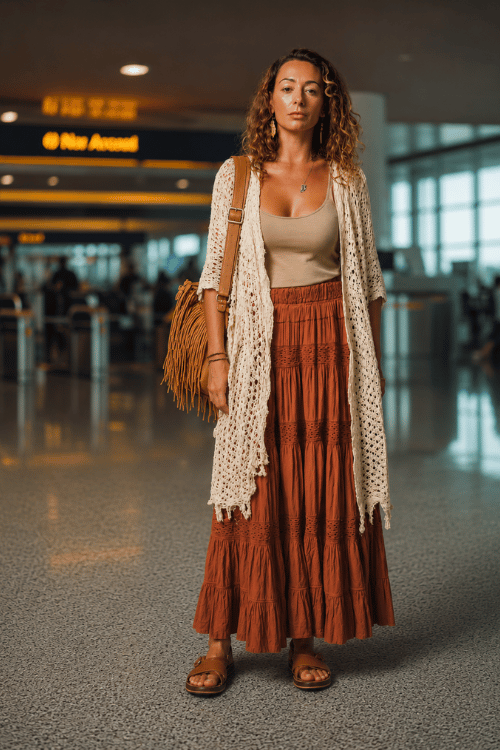 woman dressed in a bohemian aesthetic summer look a lightweight crochet long cardigan in warm ivory layered over a flowy tiered midi skirt in earthy rust tones and a simple fitted tank top