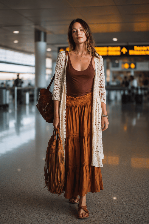 woman dressed in a bohemian aesthetic summer look a lightweight crochet long cardigan in warm ivory layered over a flowy tiered midi skirt in earthy rust tones and a simple fitted tank top