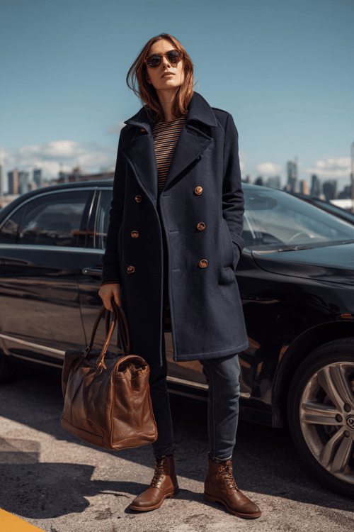 woman dressed in a classic navy blue double-breasted peacoat over a fitted striped Breton top and tailored slim-fit dark wash jeans, with brown leather Chelsea boots 