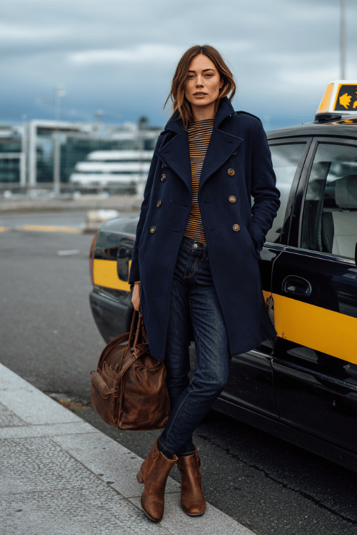 woman dressed in a classic navy blue double-breasted peacoat over a fitted striped Breton top and tailored slim-fit dark wash jeans, with brown leather Chelsea boots