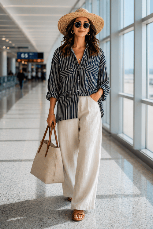 woman dressed in a clean coastal grandmother aesthetic a relaxed striped linen shirt in navy and white tucked into flowy wide-leg cream trousers