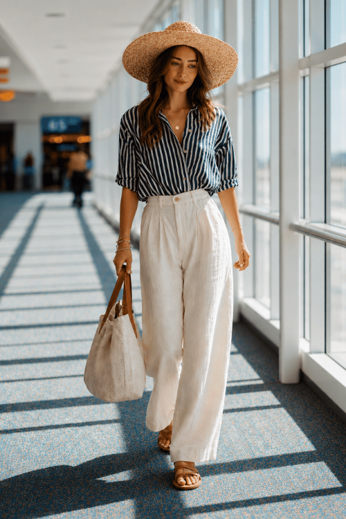 woman dressed in a clean coastal grandmother aesthetic a relaxed striped linen shirt in navy and white tucked into flowy wide-leg cream trousers with woven leather slides, a oversized straw sun hat