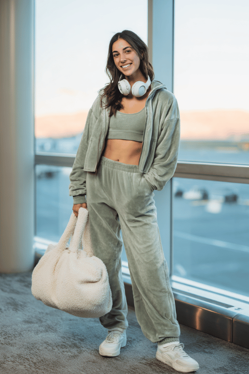woman dressed in a cloud-soft matching set in warm sage green a relaxed cropped zip-up sweatshirt with thumb holes and wide-leg fleece-lined pants with oversized cozy knit socks