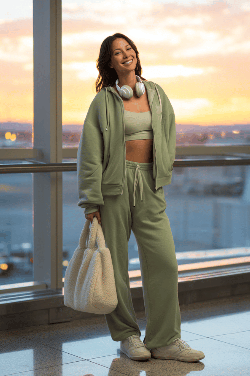 woman dressed in a cloud-soft matching set in warm sage green a relaxed cropped zip-up sweatshirt with thumb holes and wide-leg fleece-lined pants