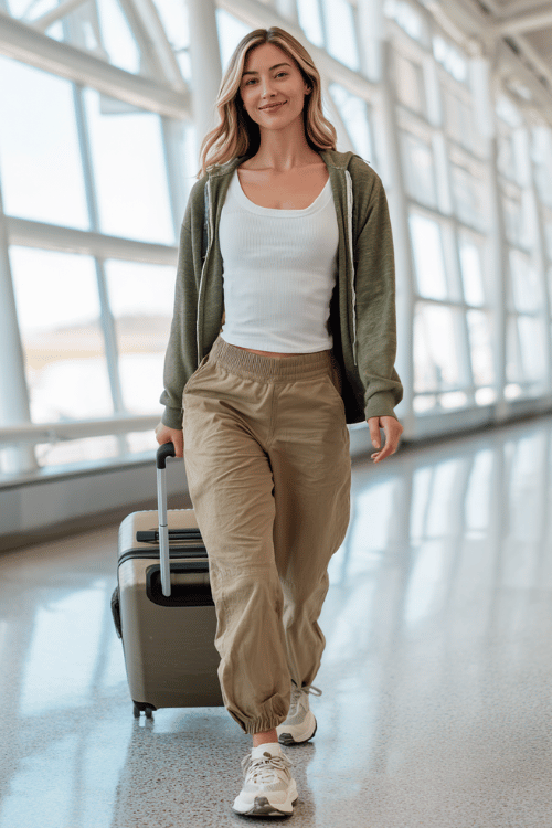 woman dressed in a cozy longline zip-up hoodie in soft moss green over a fitted white ribbed tank top and relaxed straight-leg khaki cargo pants, with cushioned chunky sneakers
