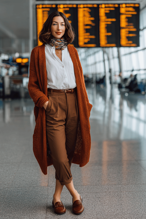 woman dressed in a cozy yet elegant outfit a longline oversized cardigan in warm rust over a fitted white shirt and tailored slim trousers with leather loafers