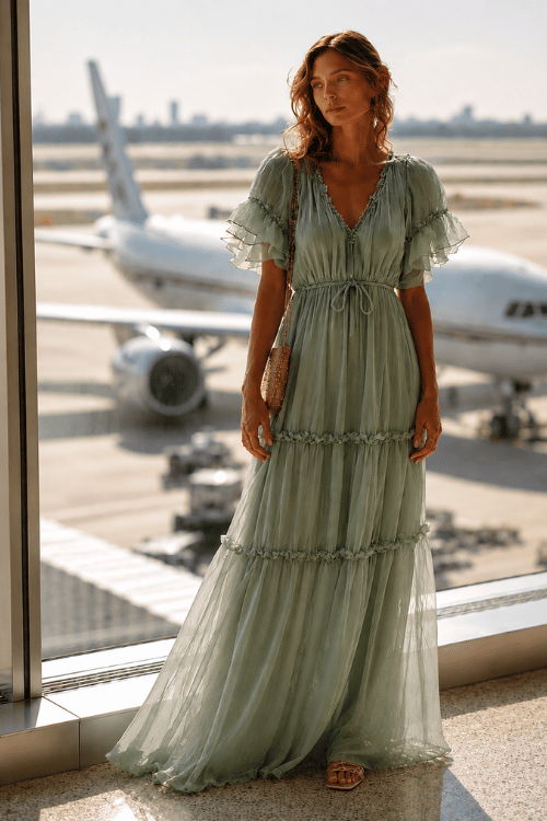 woman dressed in a ethereal fairy aesthetic summer look a flowy layered chiffon maxi dress in soft mint green with subtle iridescent shimmer details and delicate ruffle sleeves