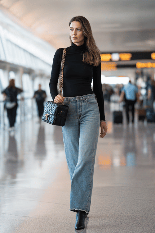 woman dressed in a fitted black turtleneck tucked into wide-leg light wash jeans with a raw hem, paired with pointed-toe black leather ankle boots and a quilted chain-strap shoulder bag