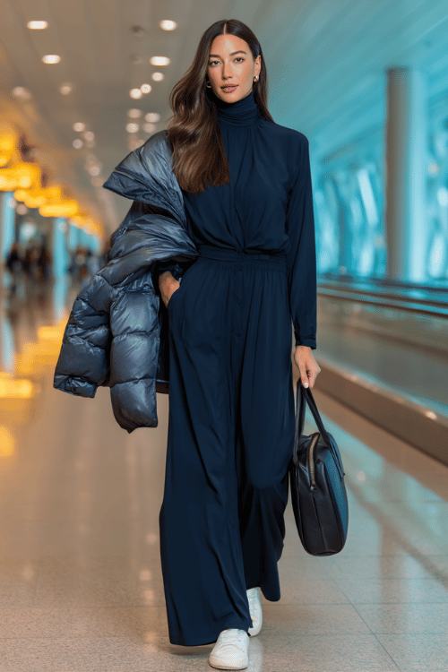 woman dressed in a flowing wide-leg jumpsuit in deep midnight blue with a relaxed draped silhouette and long sleeves, layered with a lightweight packable puffer jacket